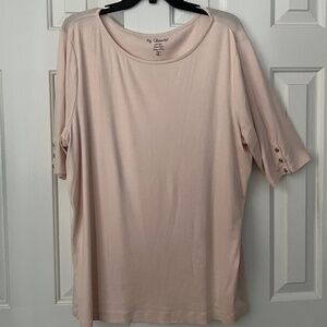 Chico's Sz4 Light Pink 100% Cotton Tee Shirt Top Short Sleeve Button Interest 2X
